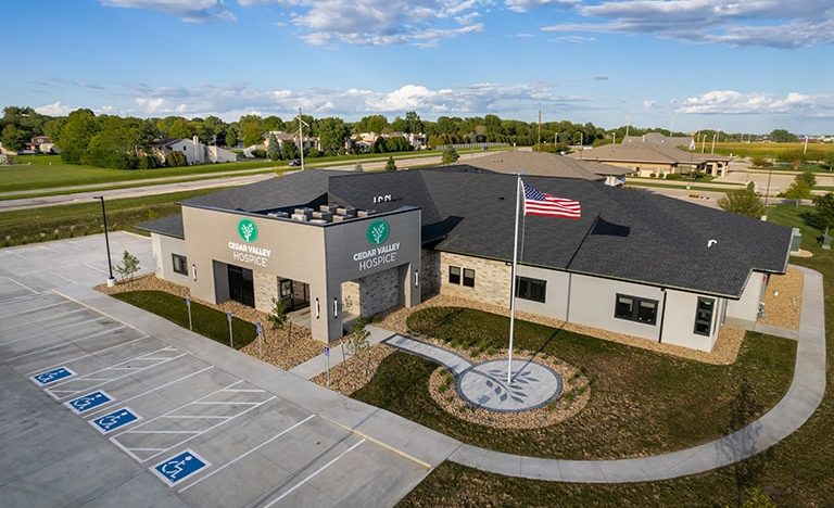 Drone shot of the new Cedar Valley Hospice Waterloo Support Center.